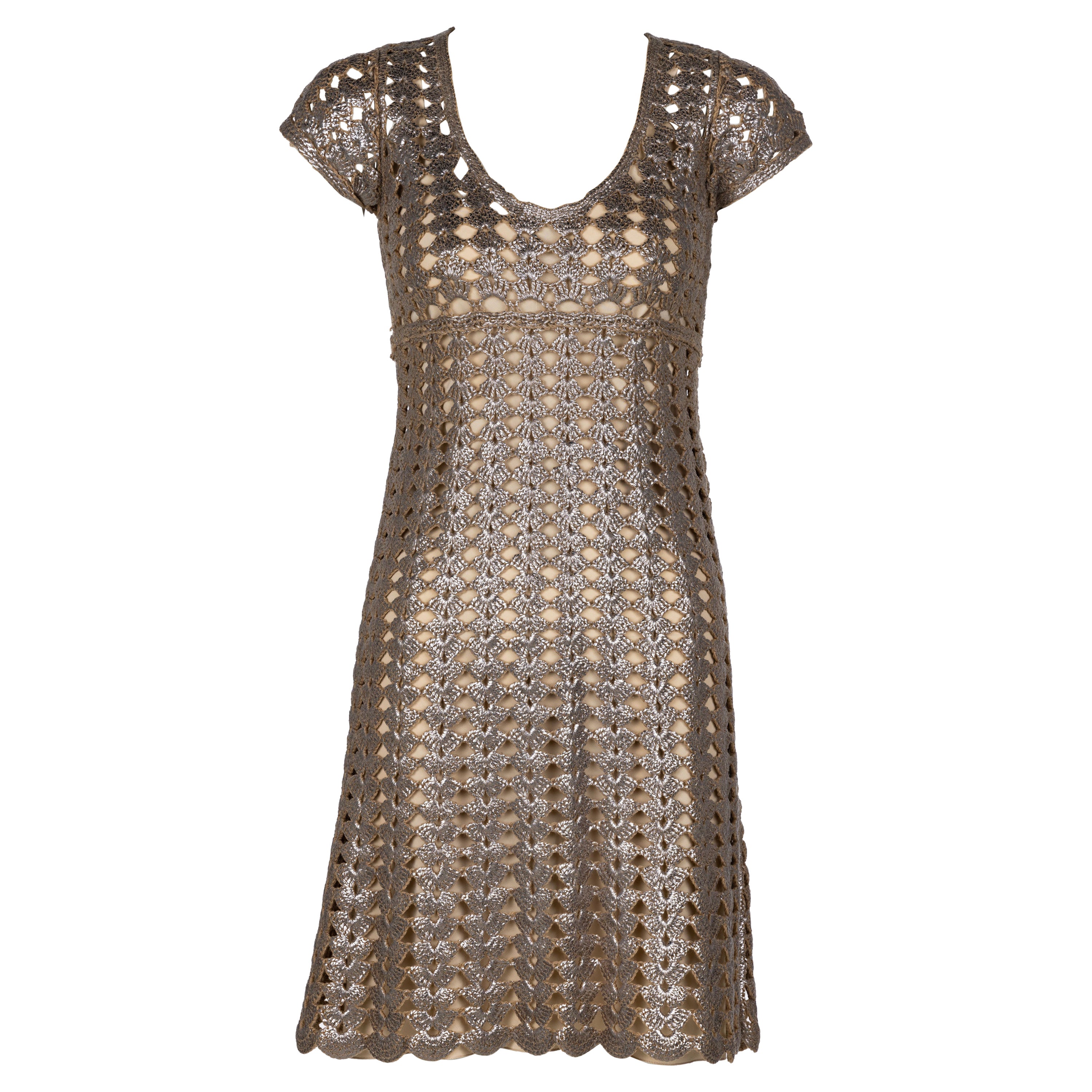 Prada Bronze Metallic Crochet Dress, 2000s For Sale