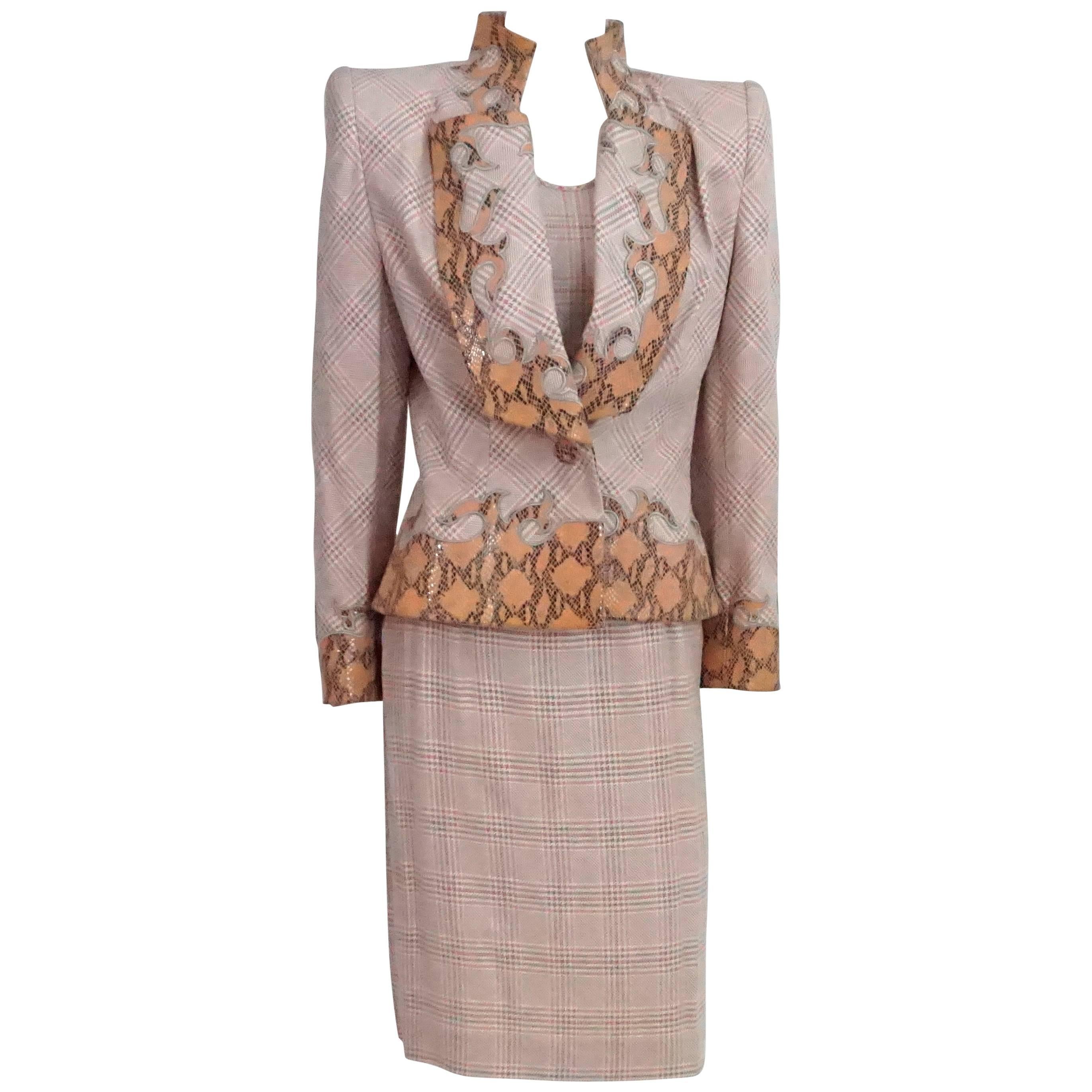 Givenchy Couture Pink Houndstooth Skirt Suit and Top with Snake Detail, 1990s