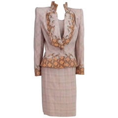 Givenchy Couture Pink Houndstooth Skirt Suit and Top with Snake Detail, 1990s