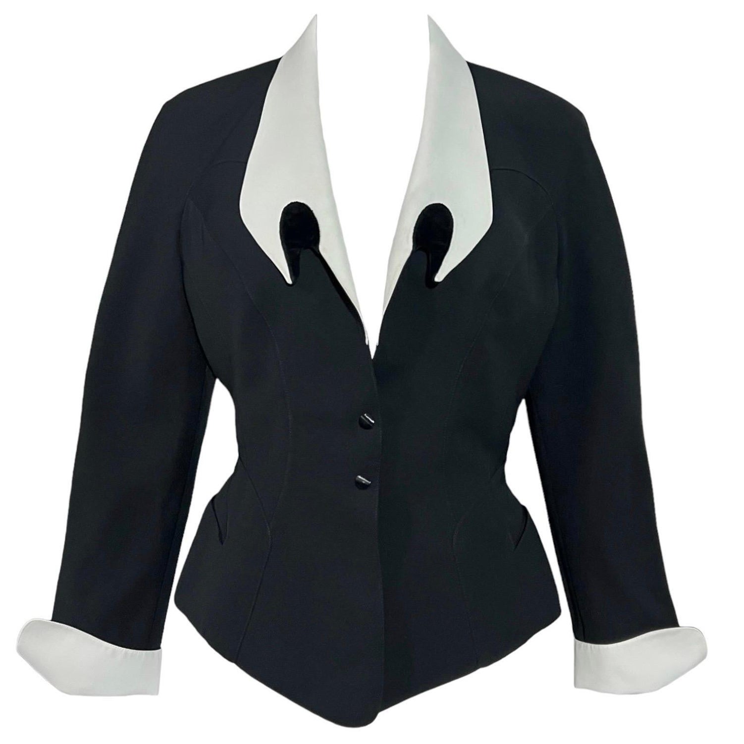 S/S 1992 Thierry Mugler Black Runway Jacket Dramatic White Collar For Sale