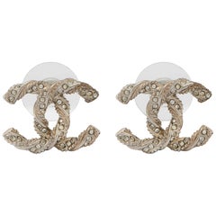 Chanel Silver Tone Crystal CC Twist Earrings