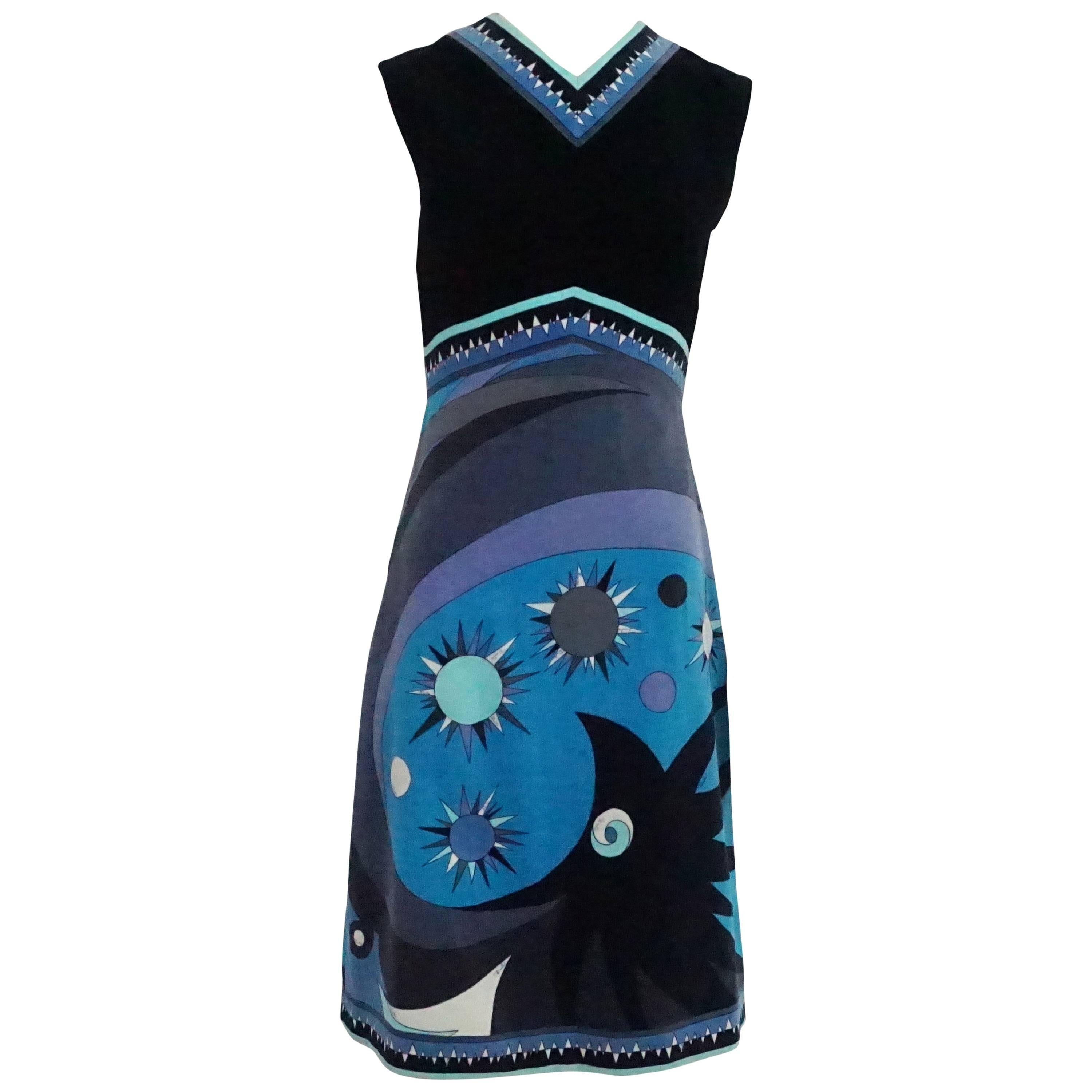 Emilio Pucci Navy & Blue Velvet Sleeveless Printed Dress - 10 - 1960's