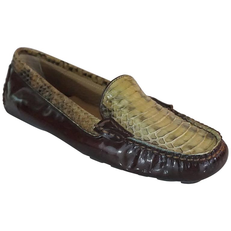 Salvatore Ferragamo Brown Patent and Green Snake Loafers - 5 For Sale at  1stDibs