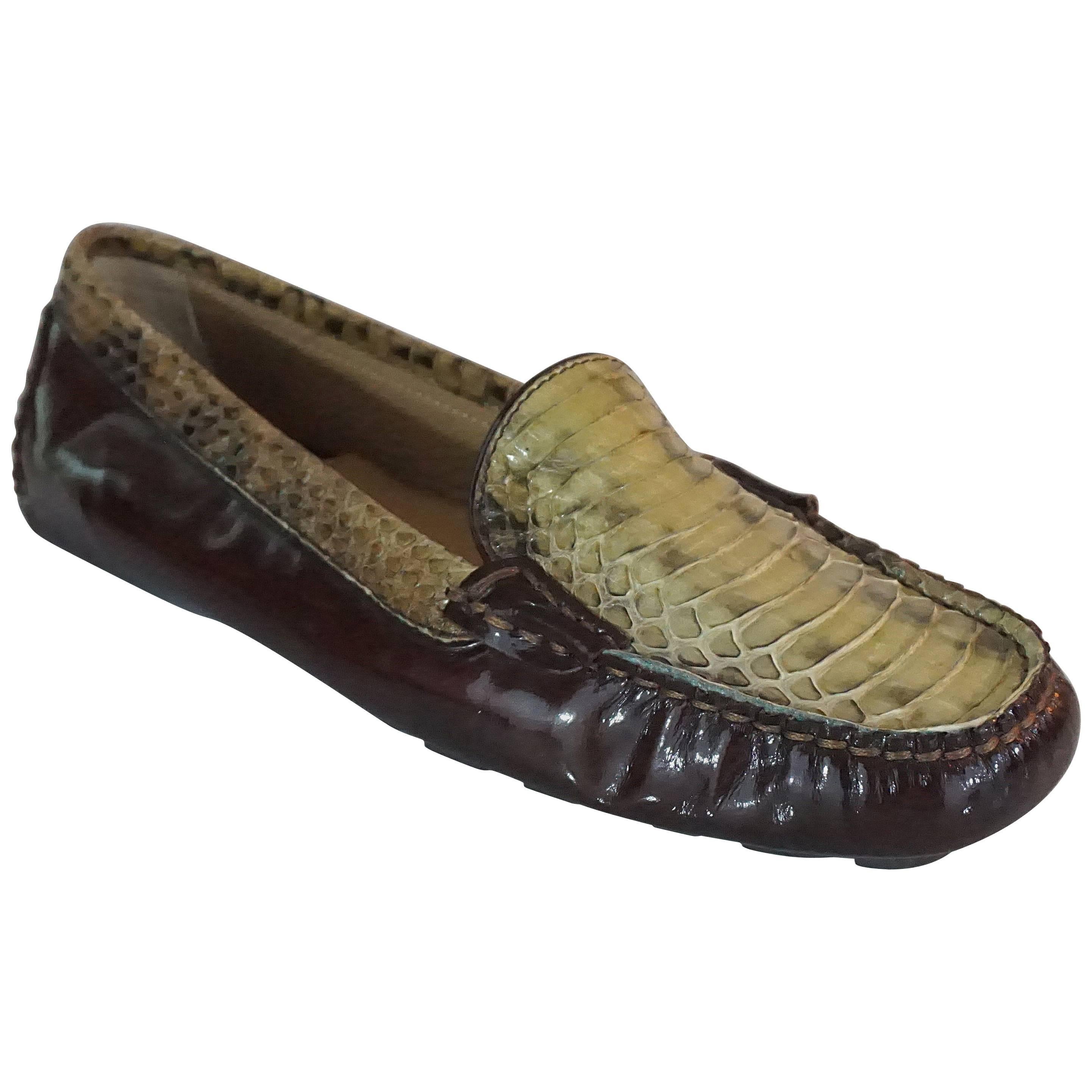 Salvatore Ferragamo Brown Patent and Green Snake Loafers - 5 For Sale