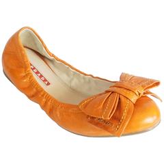 Prada Orange Leather Ballet Flats with Bows - 35 9