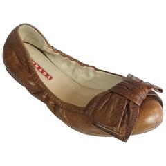 Prada Brown Leather Scrunch Ballet Flats with Bow - 35