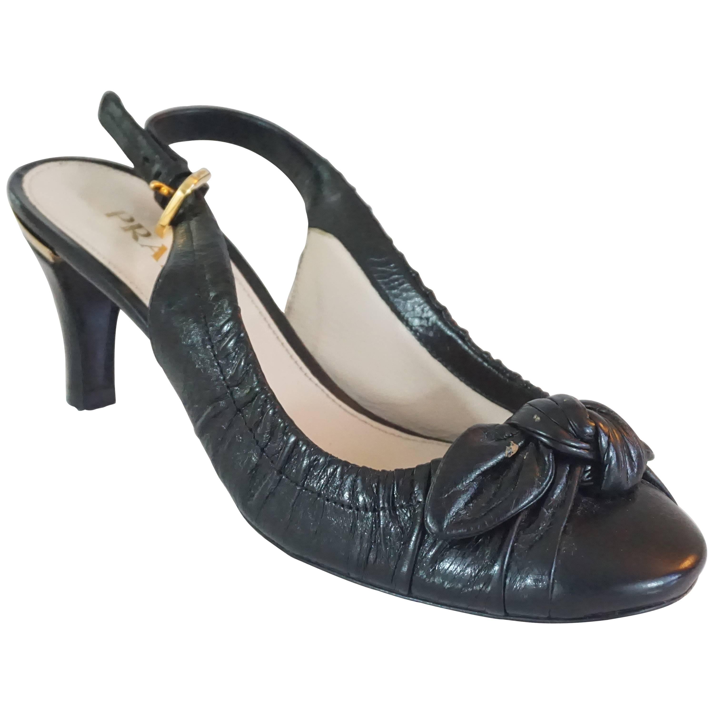 Prada Black Leather Ruched Slingback Heels - 36.5