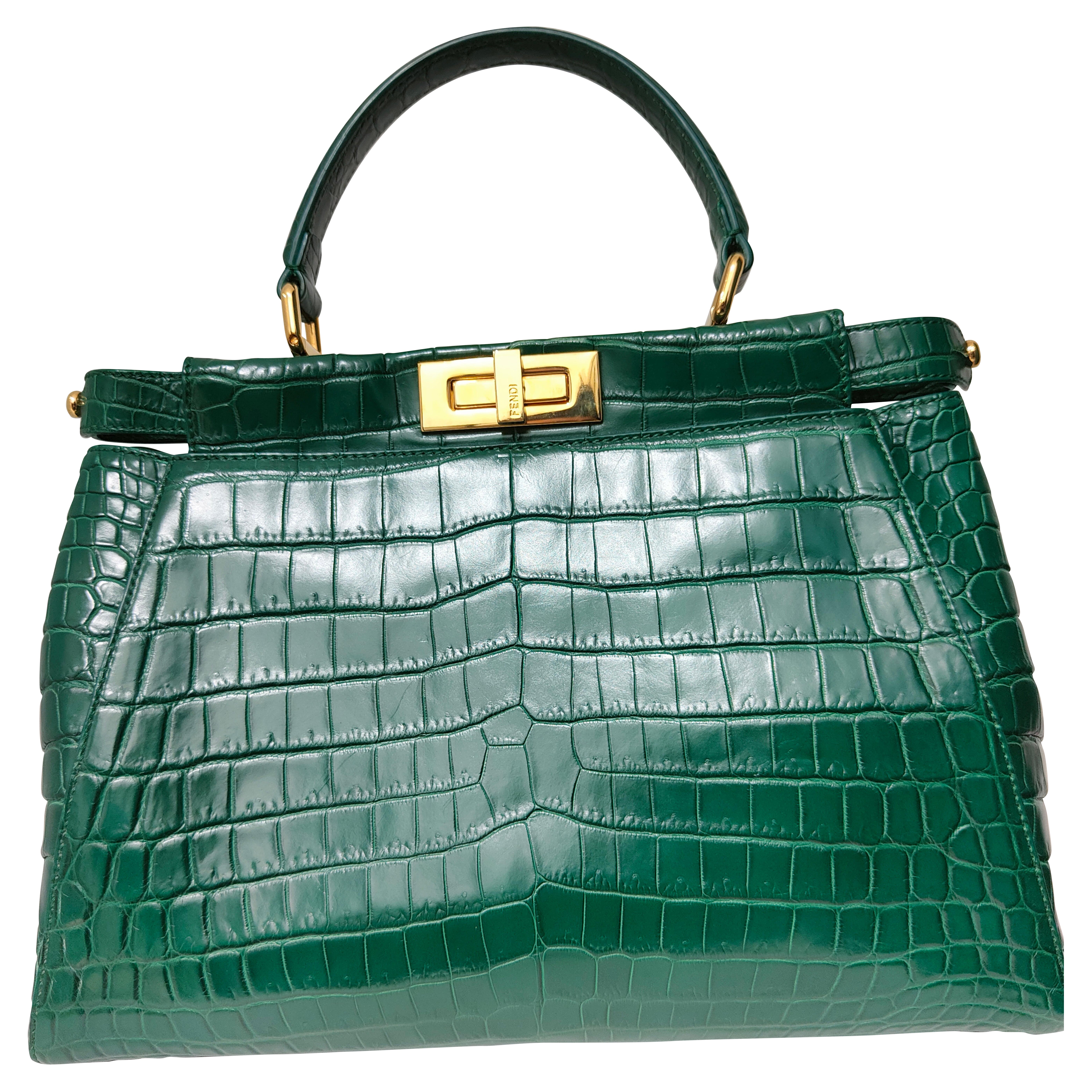Fendi green Emerald croco leather Peekaboo shoulder bag / handle bag For Sale