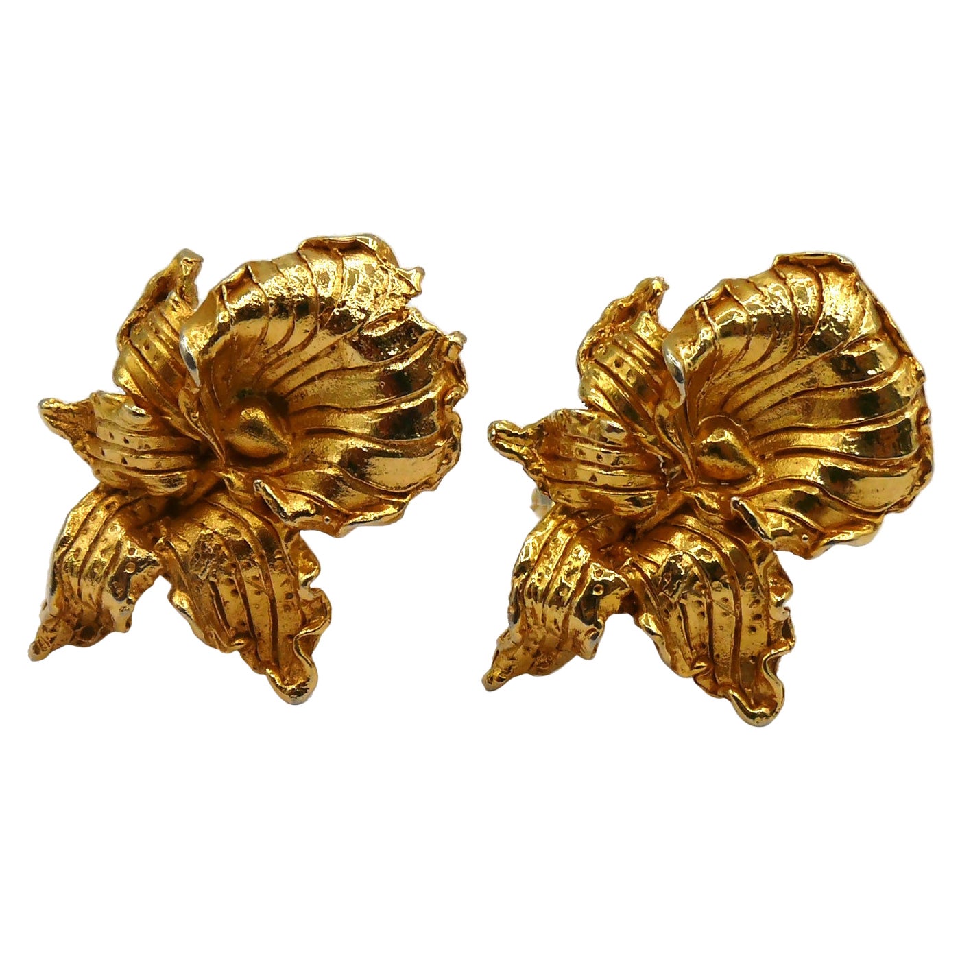 LEONARD Paris Vintage Gold Tone Orchid Clip-On Earrings For Sale