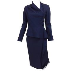 Vintage Christian Dior navy blue fitted suit with scarf side 1990s 6
