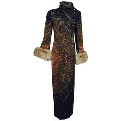 Vintage Pauline Trigere silk jacquard print fur trimmed maxi dress 1960s 6
