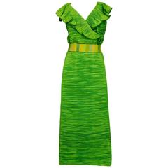 Rare Sybil Connolly Dublin 2pc green pleated linen evening dress 1960s 12