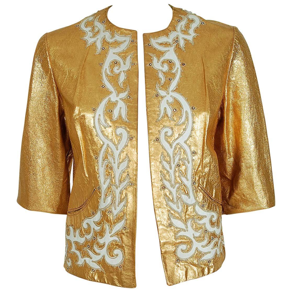 1950's Metallic-Gold Leather Rhinestone Embroidered Applique Cropped Jacket