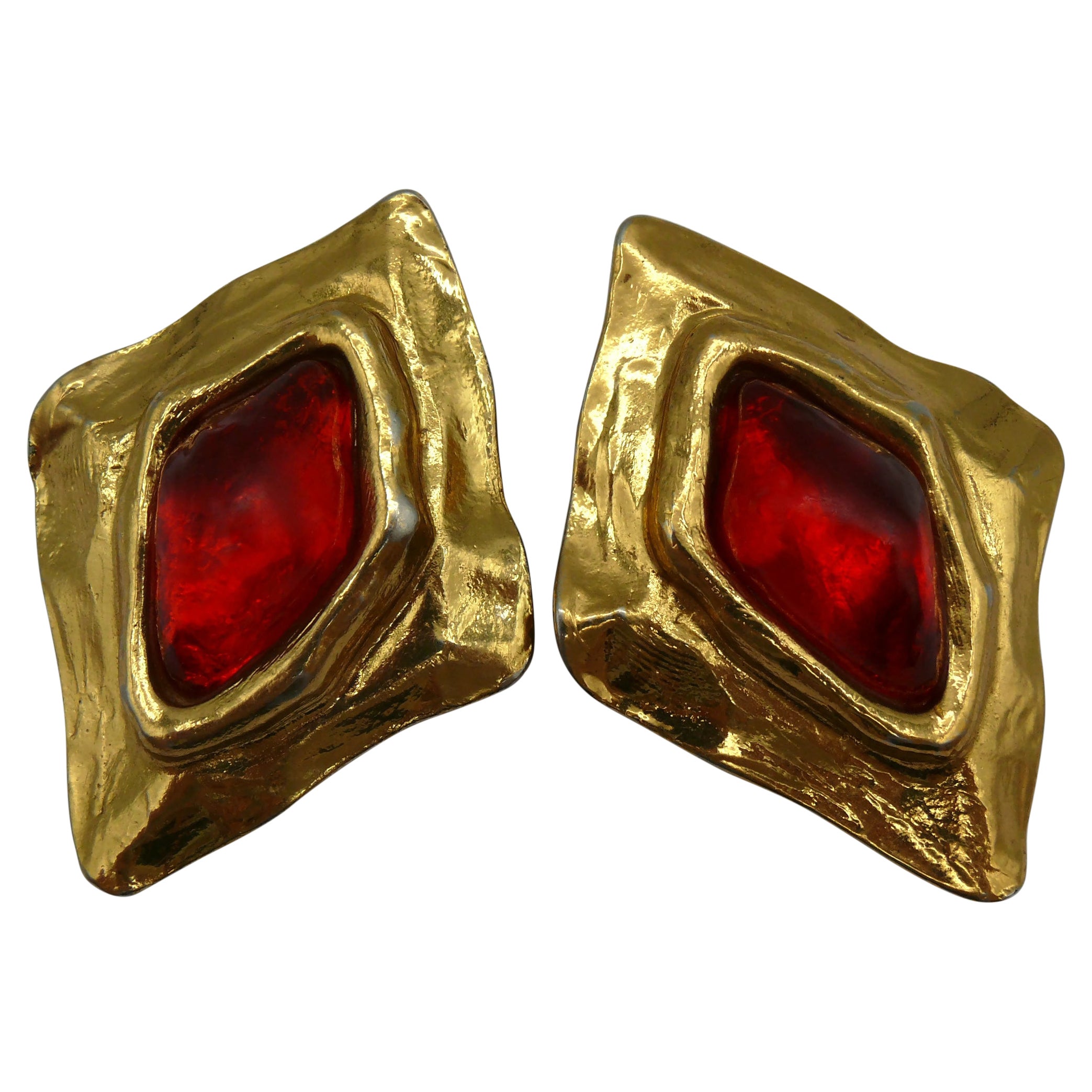 YVES SAINT LAURENT YSL Vintage Gold Tone Red Resin Clip-On Earrings