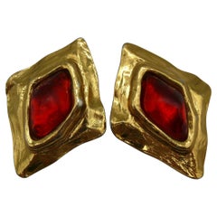 YVES SAINT LAURENT YSL Vintage Gold Tone Red Resin Clip-On Earrings