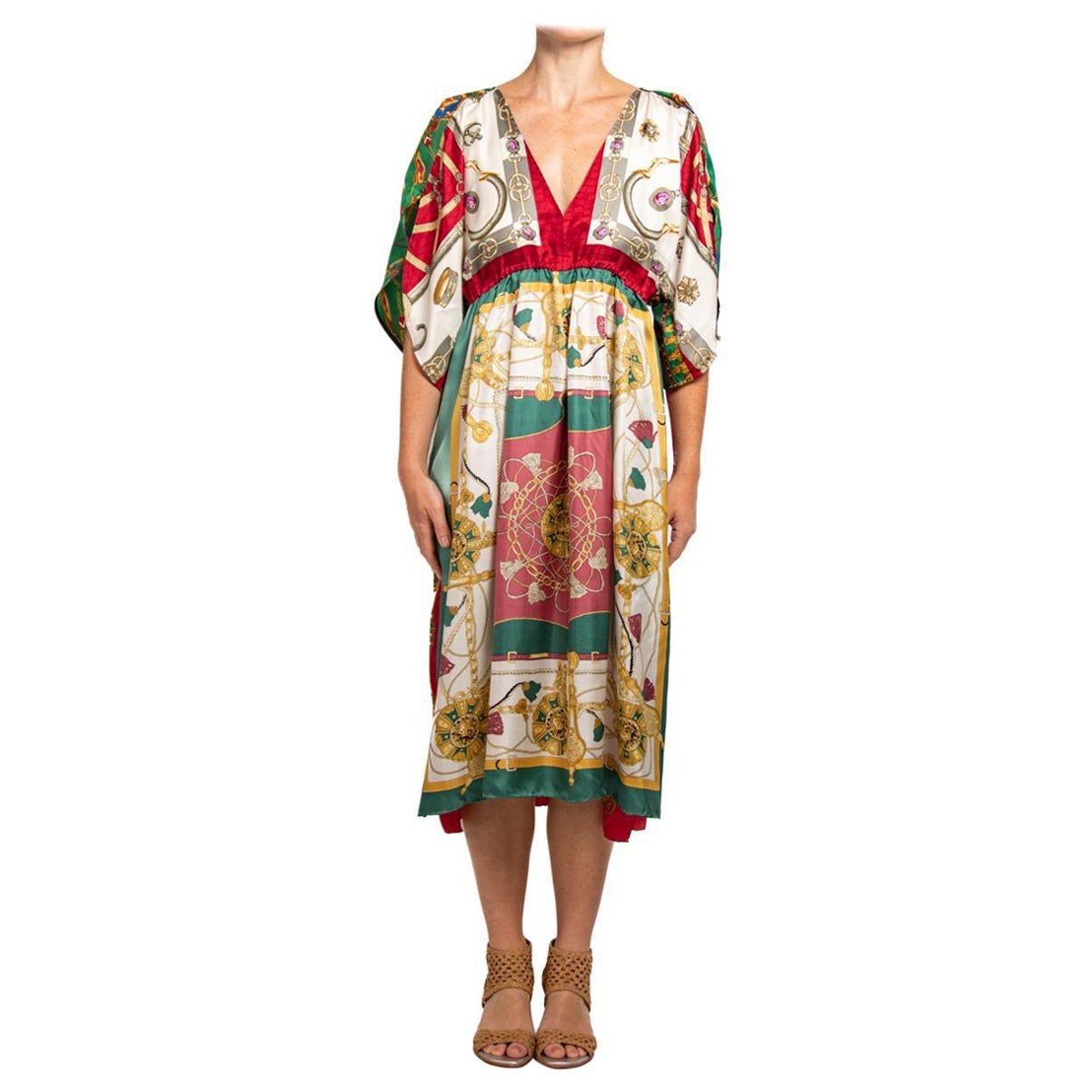 MORPHEW COLLECTION Red & Green Status Print Silk Virgo Empire Waist Dress Made  For Sale