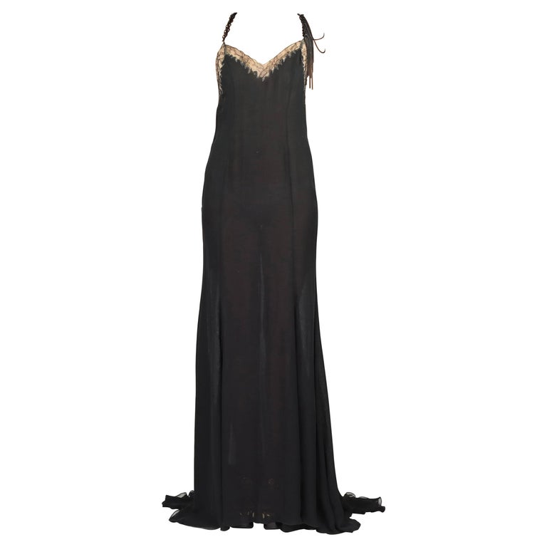 VINTAGE VERSACE BLACK CHIFFON SILK DRESS GOWN with LACE and CHAINS NWT
