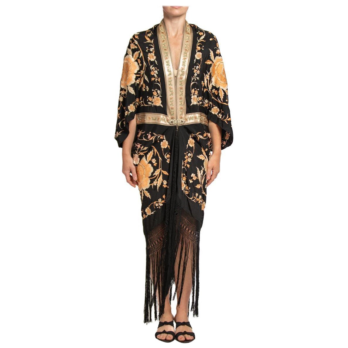 MORPHEW COLLECTION Black & Champagne Silk Floral Hand Embroidered Piano Shawl   For Sale