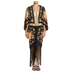 MORPHEW COLLECTION Black & Champagne Silk Floral Hand Embroidered Piano Shawl  