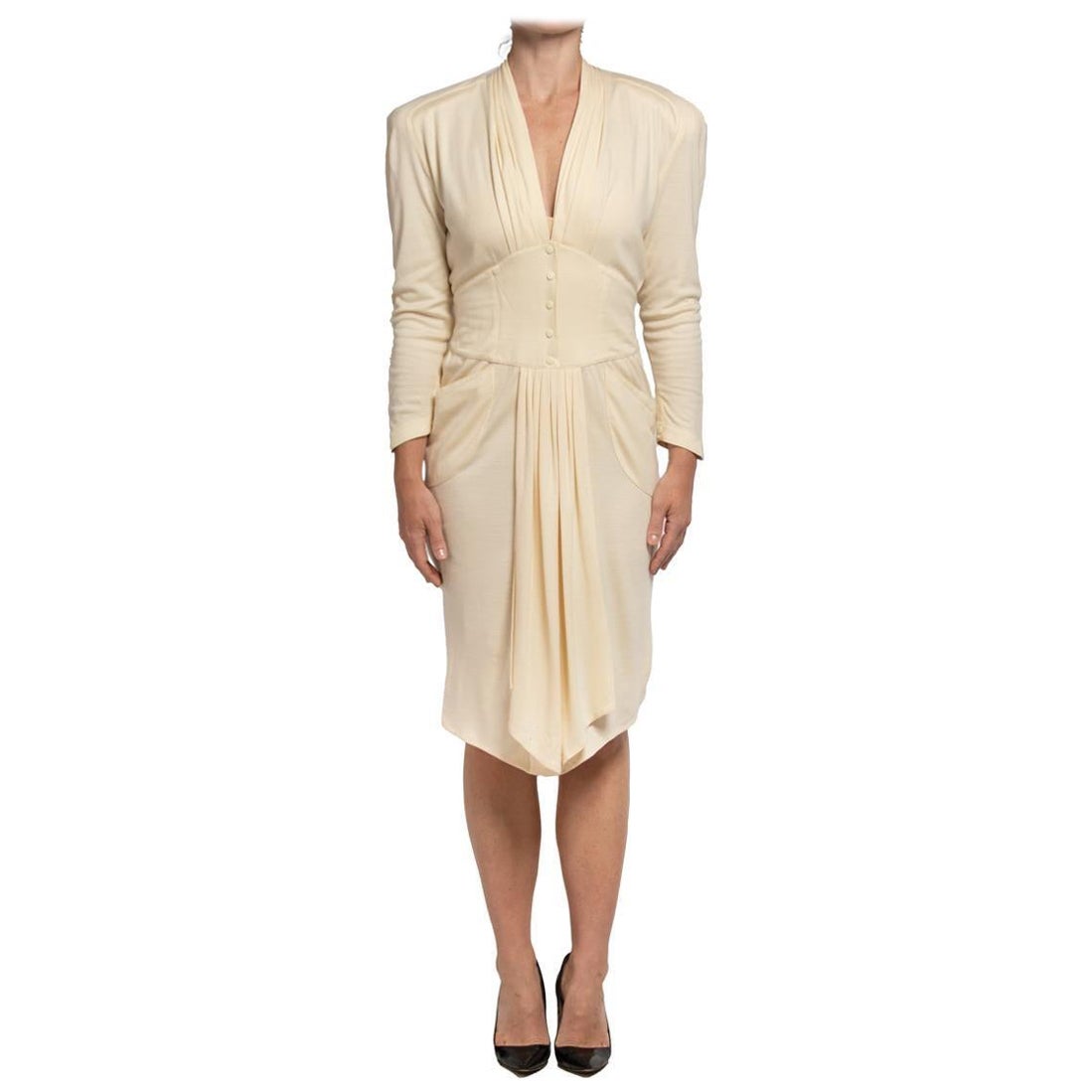 1980S THIERRY MUGLER Cream Wool Blend Jersey Sleeved Dress With Pockets For Sale