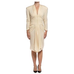 1980S THIERRY MUGLER Cream Wool Blend Jersey Sleeved Dress With Pockets