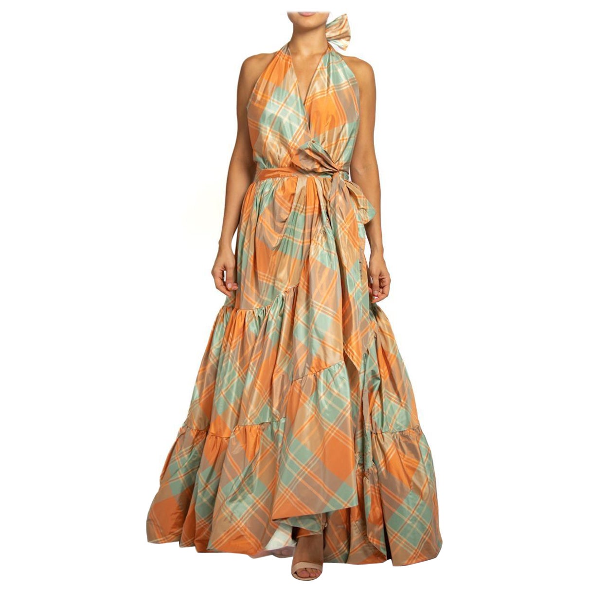 MORPHEW COLLECTION Orange & Aqua Silk Taffeta Plaid Gown MASTER For Sale