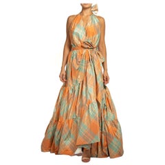 MORPHEW COLLECTION Orange & Aqua Silk Taffeta Plaid Gown MASTER