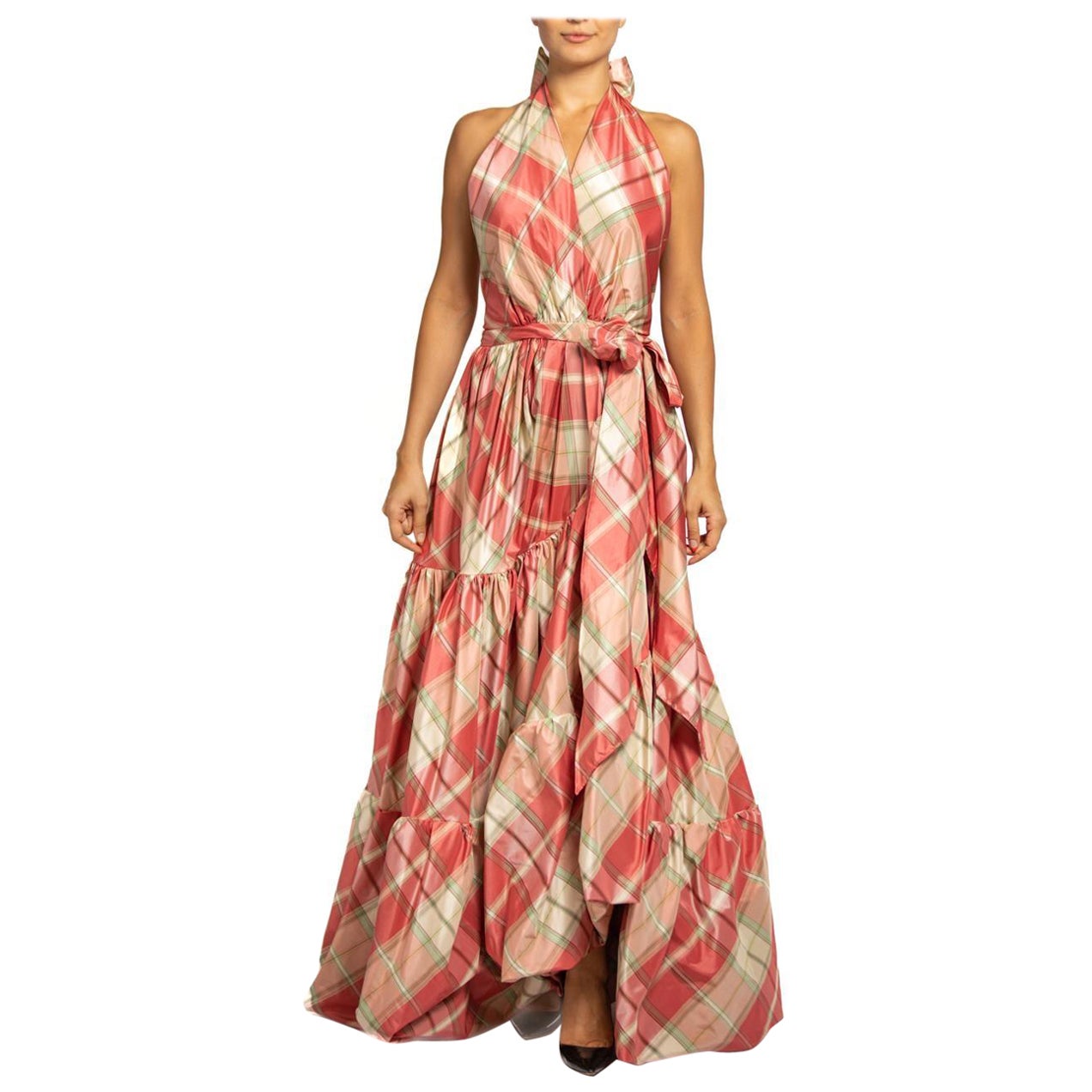MORPHEW COLLECTION Pink & Aqua Silk Taffeta Plaid Gown MASTER For Sale
