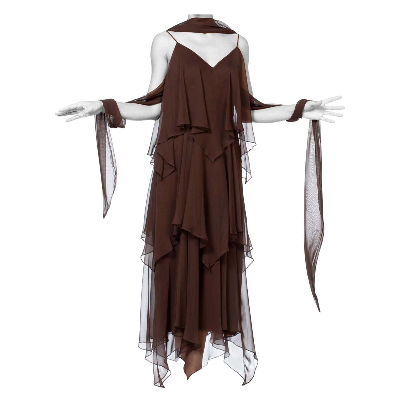 1970S ANTHONY MUTO Chocolate Brown Polyester Chiffon Disco Flapper ...