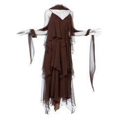 Retro 1970S ANTHONY MUTO Chocolate Brown Polyester Chiffon Disco Flapper Dress With S