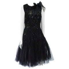 Oscar de la Renta Black Tulle, Velvet & Sequin Evening Dress - 12 