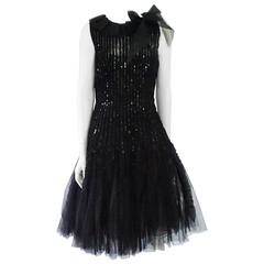 Oscar de la Renta Black Tulle, Velvet & Sequin Evening Dress - 12 12