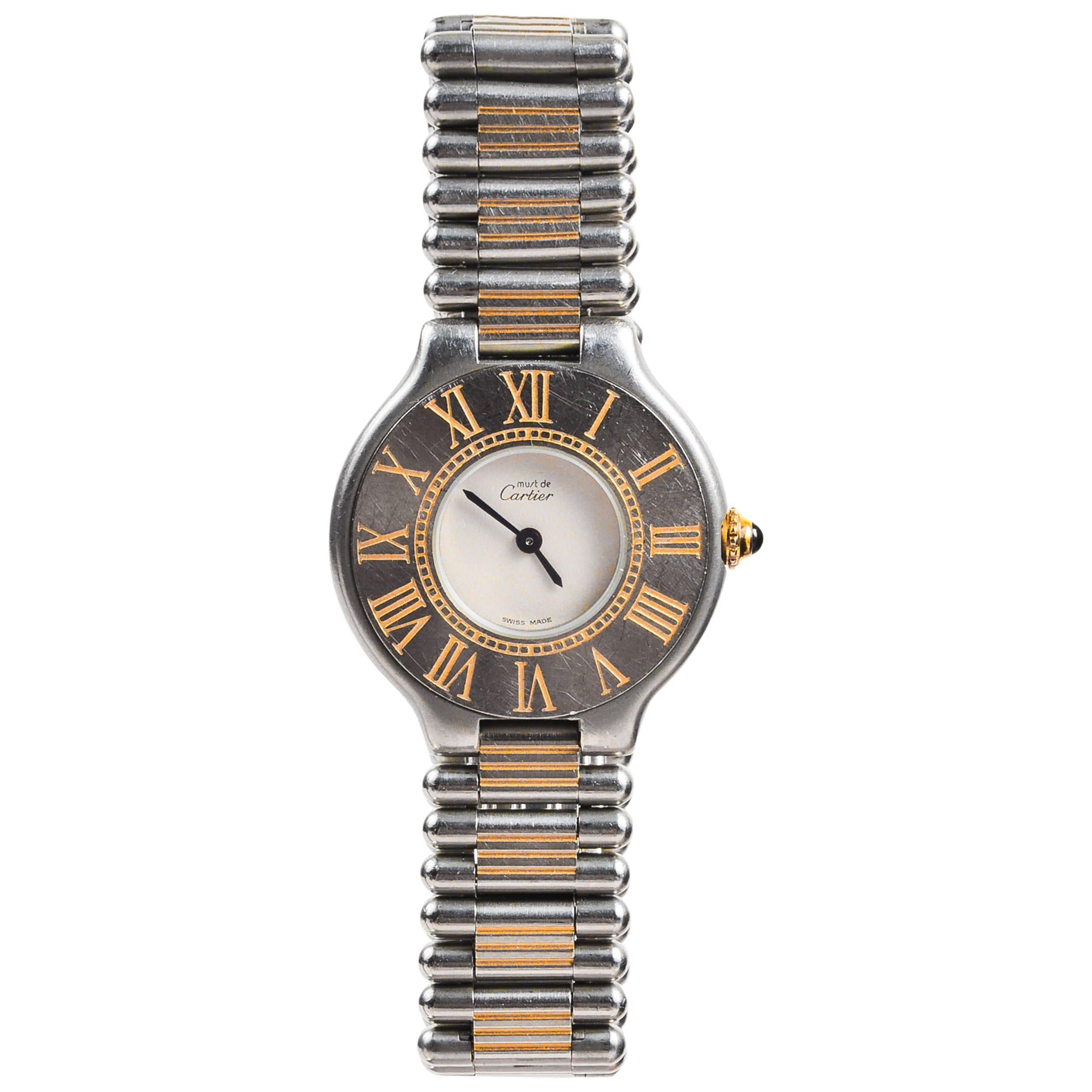 Vintage Cartier Stainless Steel 18k Gold "Must de Cartier" Roman Numeral Watch For Sale