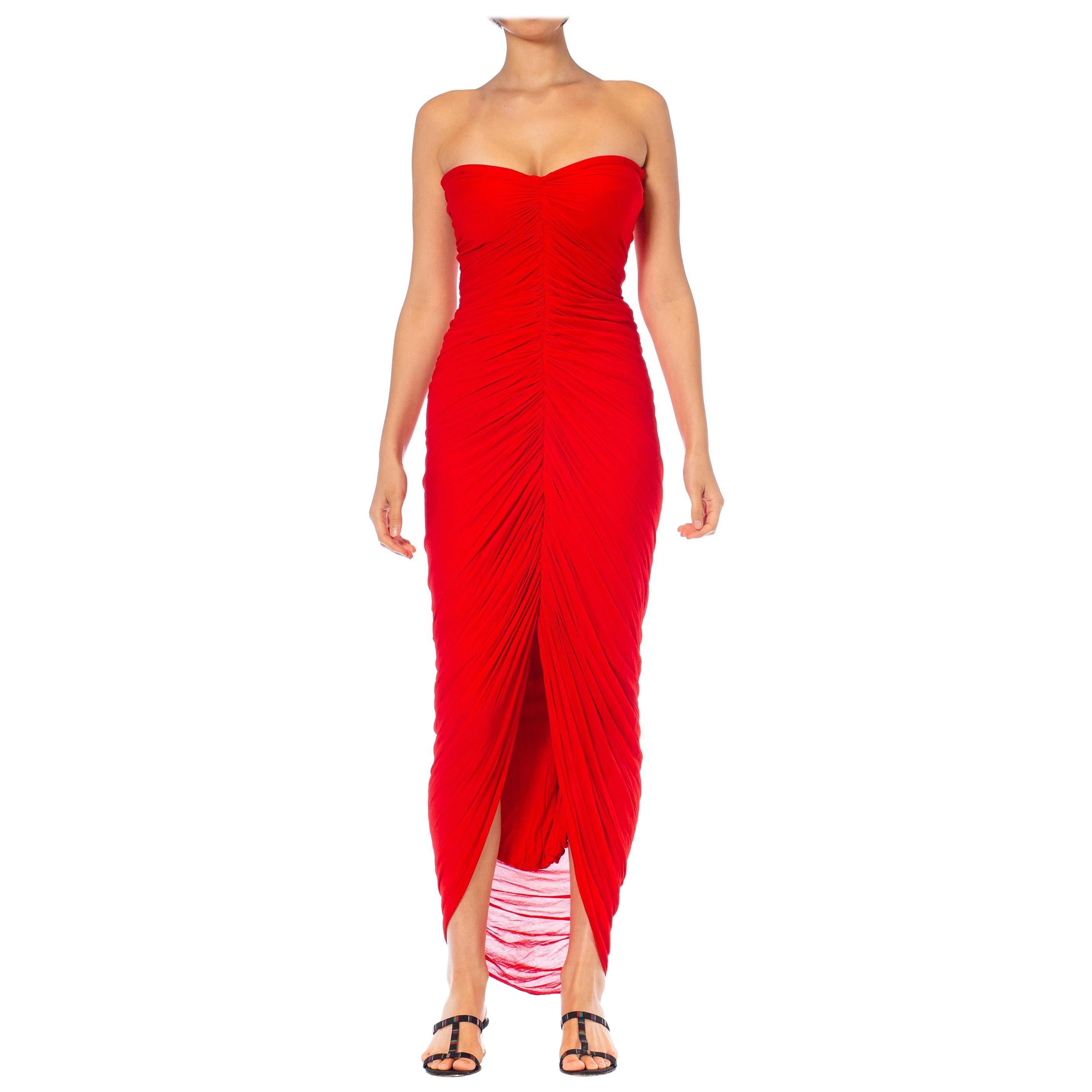 1980S Norma Kamali Red Chiffon Jersey Sheered Strapless Gown For Sale