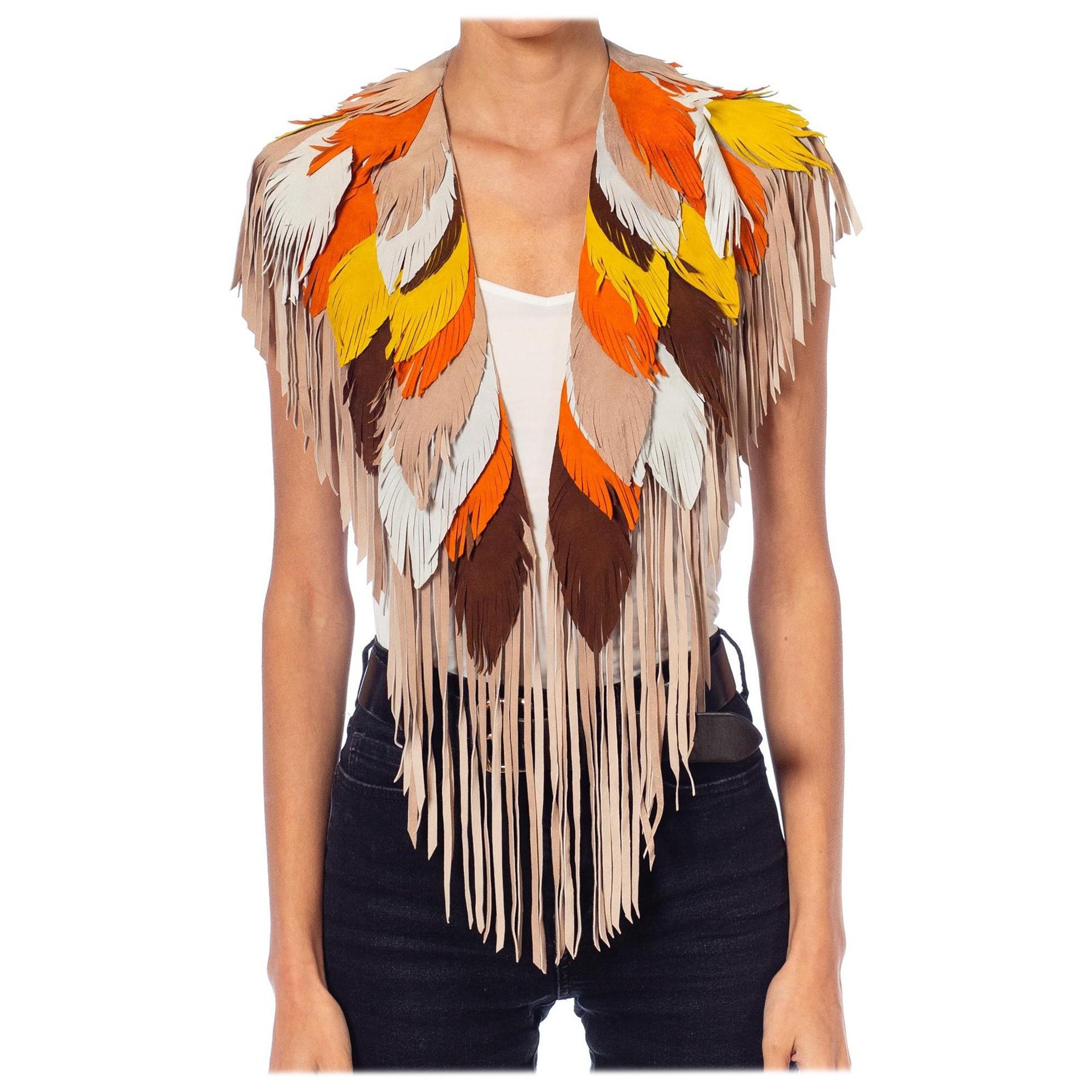 Morphew Collection Phoenix Sunset Suede Fringe Feather Leather Cape For Sale