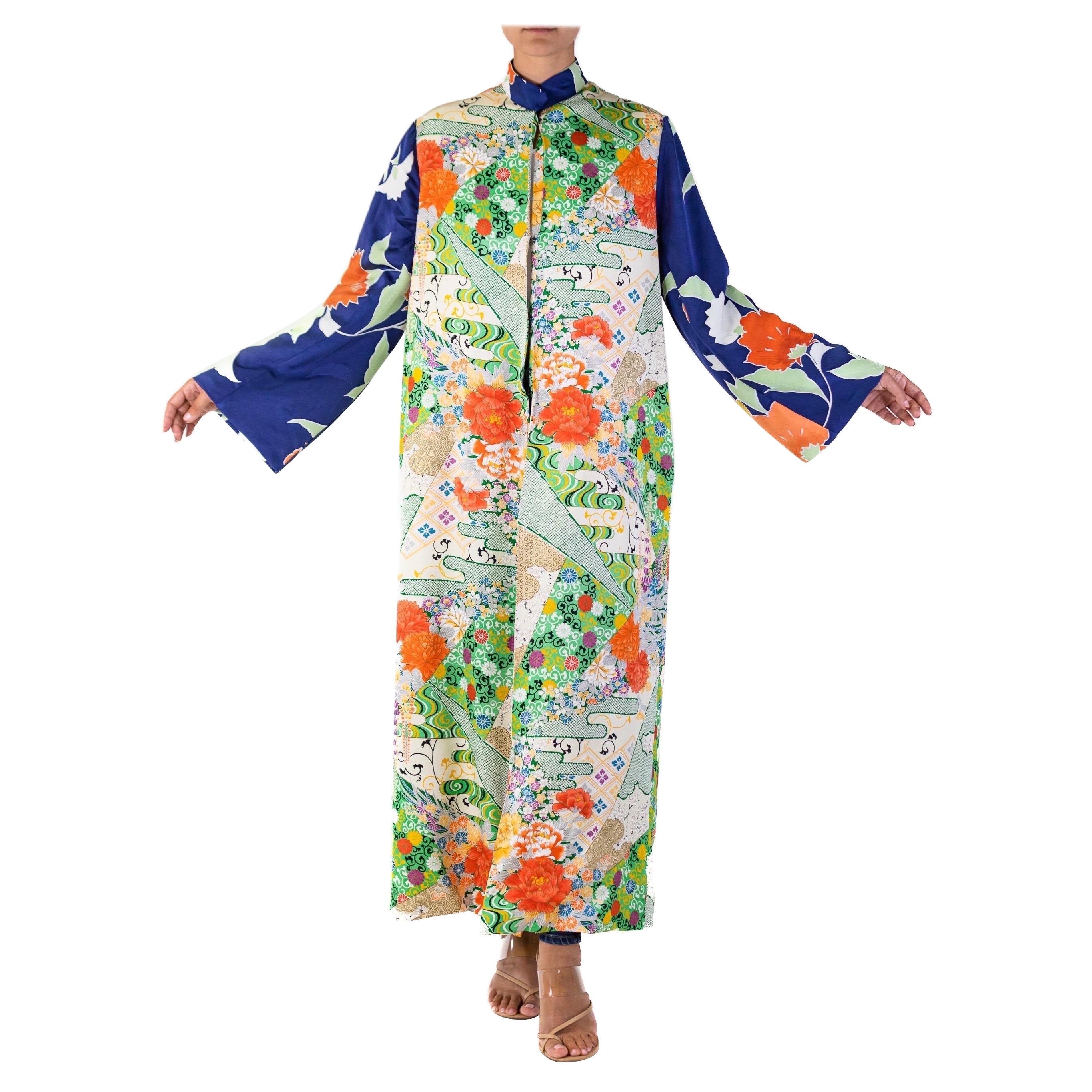 MORPHEW COLLECTION Japanese Kimono Silk Long Duster Geometric Floral Patch Work For Sale