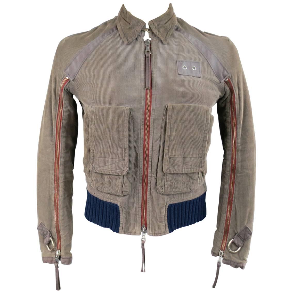 DSquared2 Men's 38 Distressed Taupe Corduroy Cropped Zip Bomber Jacket