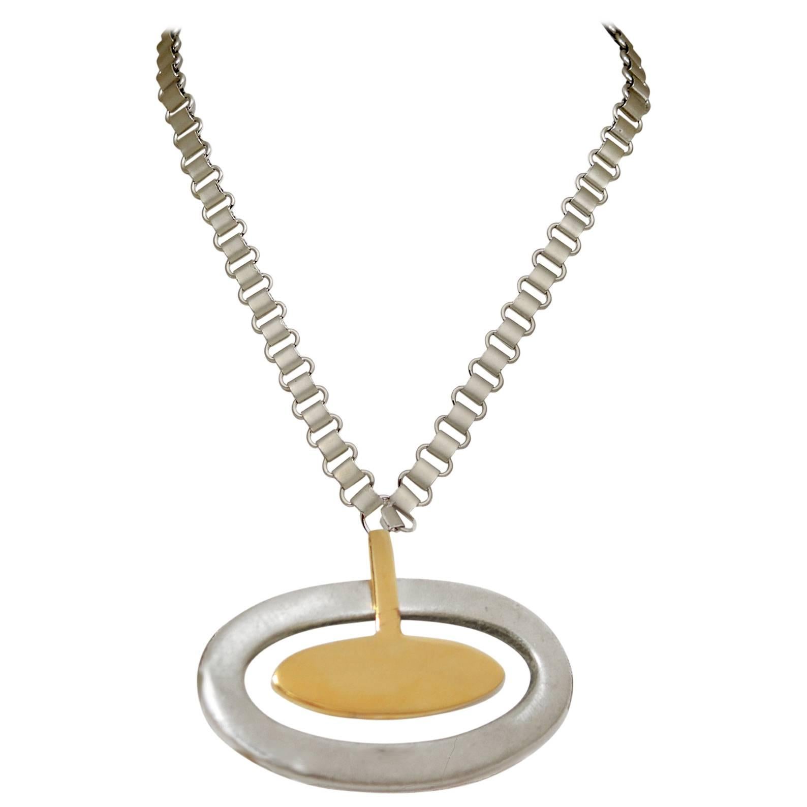 Vintage Faux Silver & Gold Oval Pendant Necklace