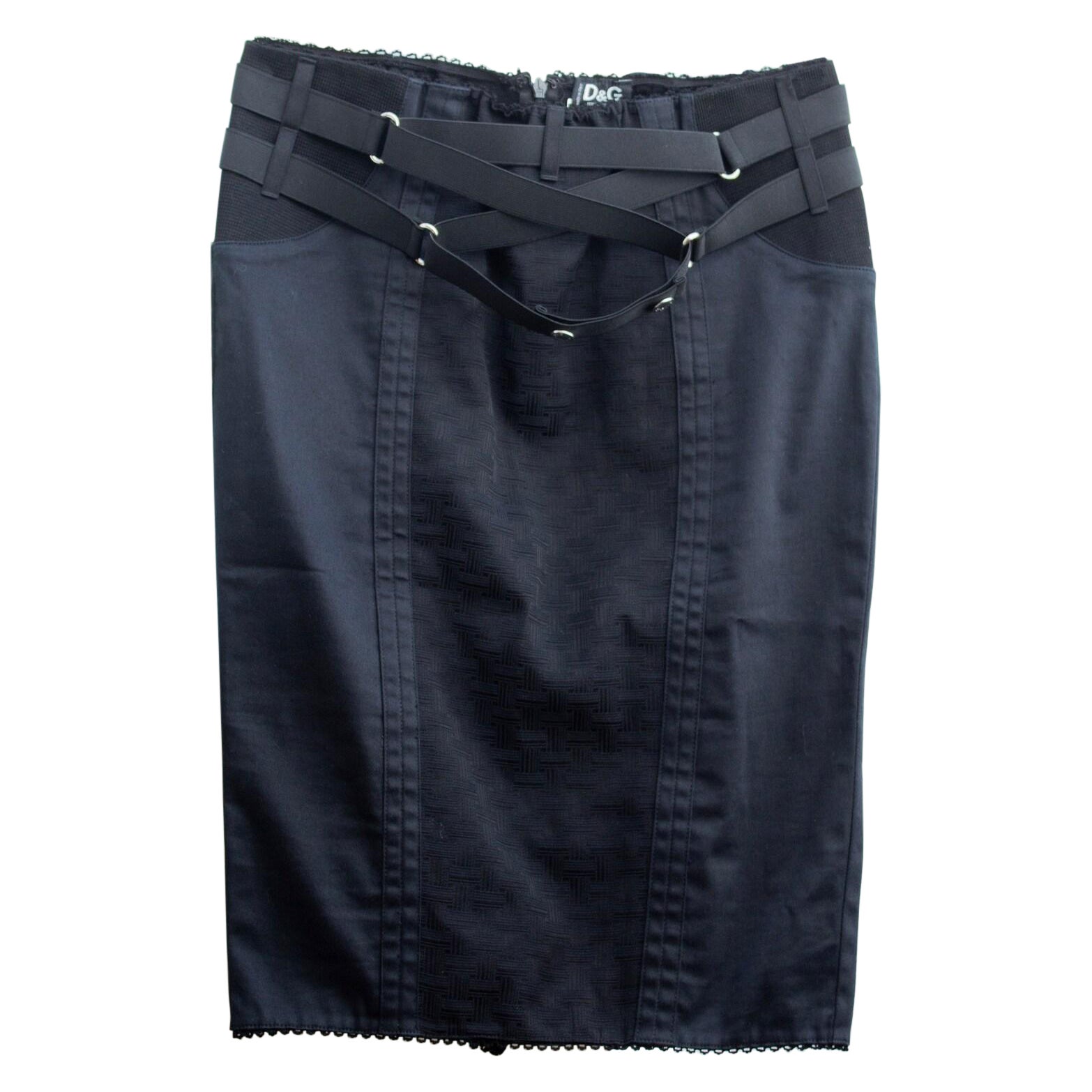 D&G f/w 2003 black patterned cotton and acetate bondage strap corseted skirt  For Sale