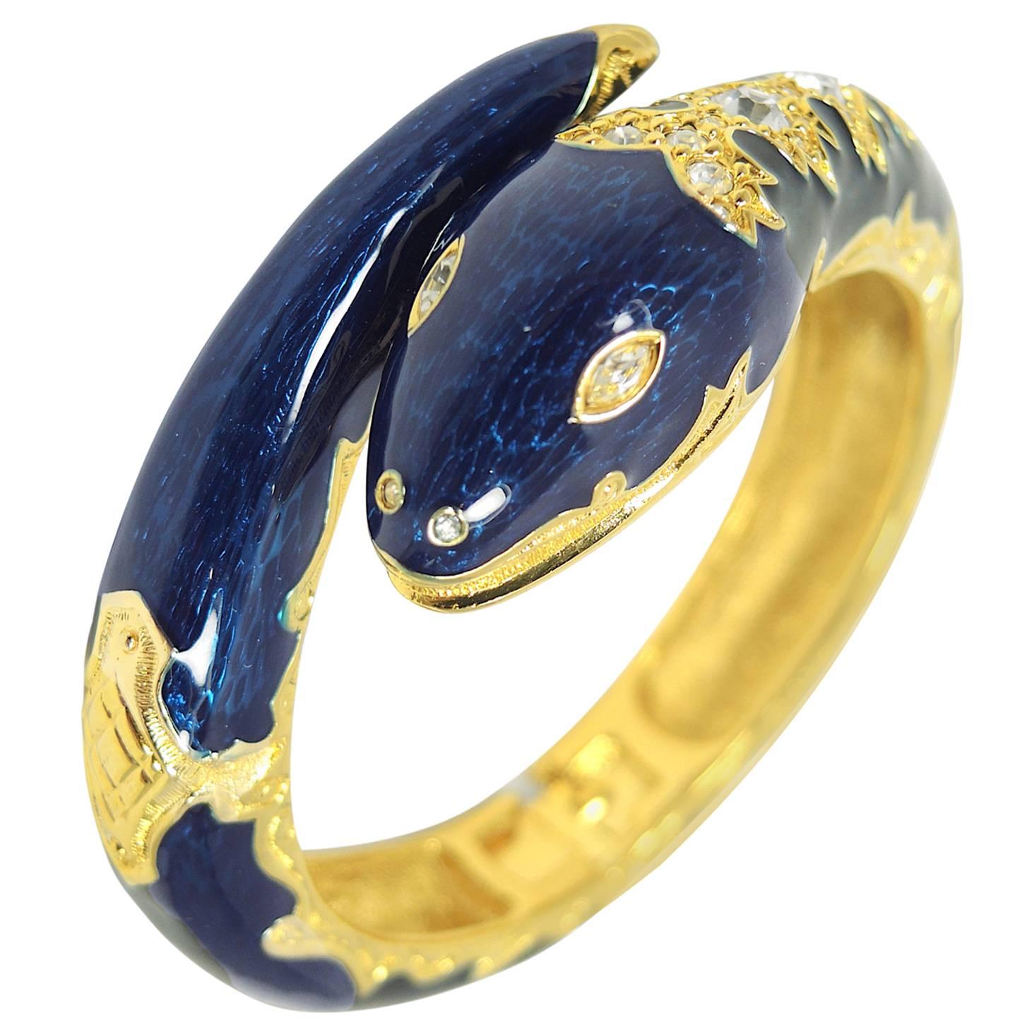 Vintage Joan Rivers Blue Enamel Serpent Clamper Bracelet