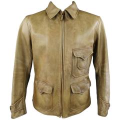 Men's RRL by RALPH LAUREN 42 Distressed Beige Leather Patch Pocket Jacket