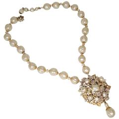 Vintage 1950s Signed Miriam Haskell Baroque Faux Pearl Drop Necklace