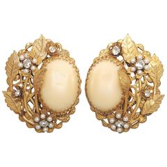 Vintage Faux Pearl & Golden Leaves Earrings