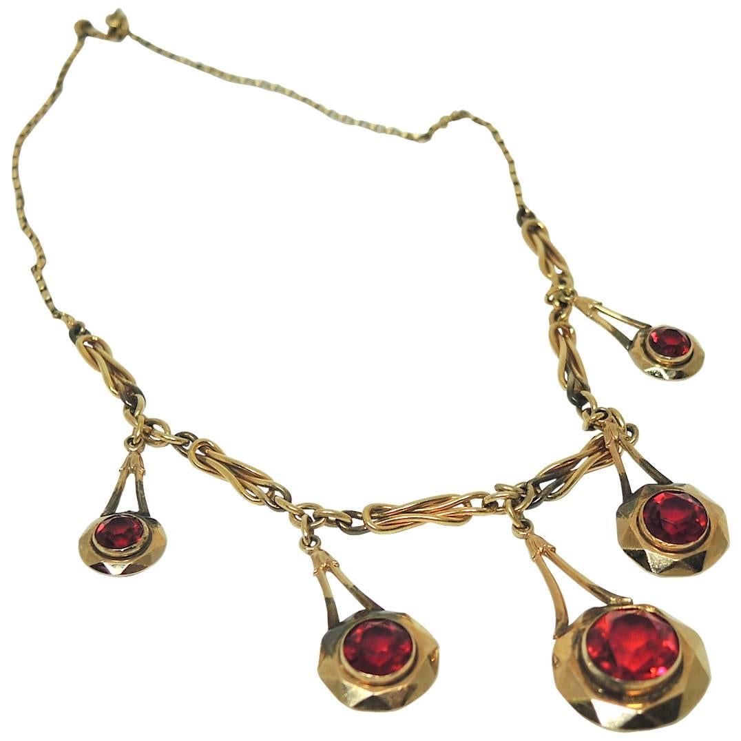 Red Rhinestone Vintage Bib Necklace  For Sale