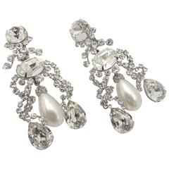LONG Vintage 1950s Schreiner Chandelier Crystal & Pearl Earrings