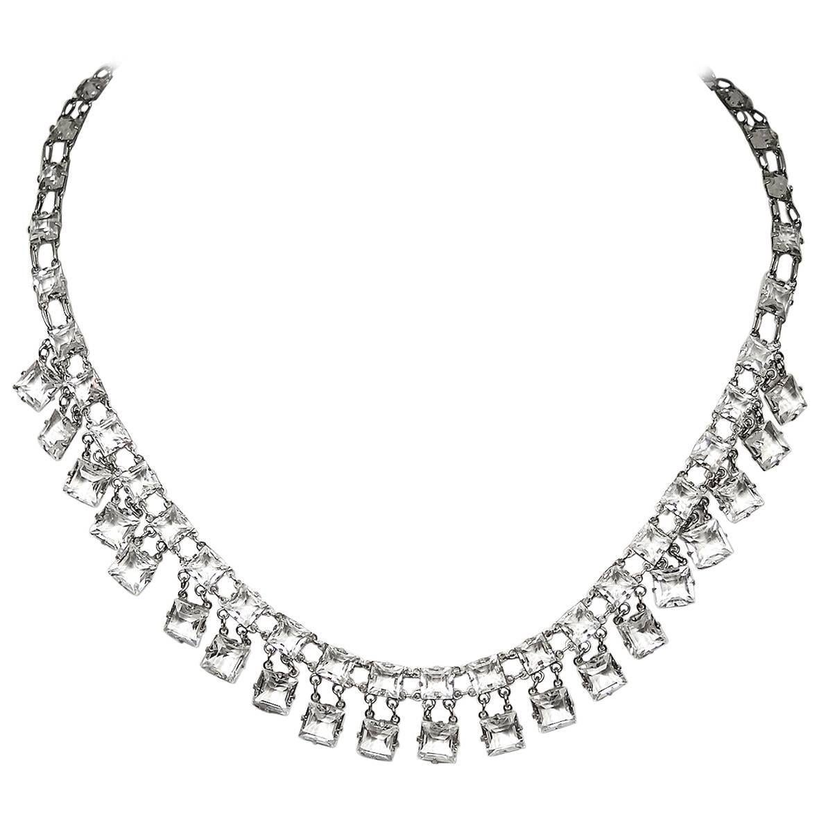 Art Deco Vintage 1930s Open-Back Crystals & Sterling Silver Necklace  