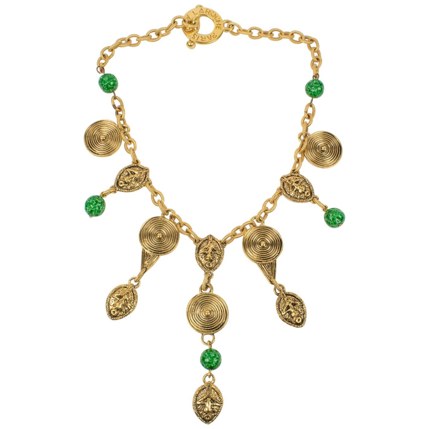 Guy Laroche Tribal-Inspired Gilt Metal Choker Necklace with Green Ceramic Beads For Sale