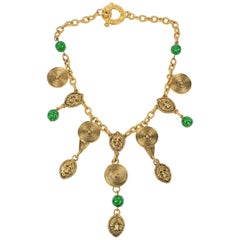 Guy Laroche Tribal-Inspired Gilt Metal Choker Necklace with Green Ceramic Beads