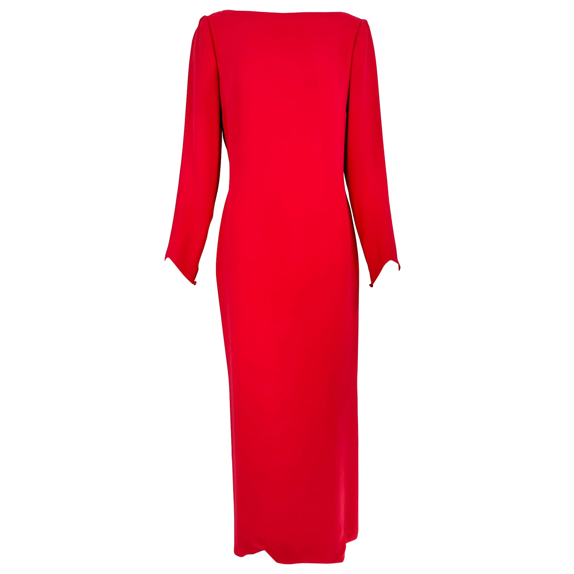 Oscar de la Renta Coral Red Silk Long Sleeve Bateau Neck Column Evening Dress 8