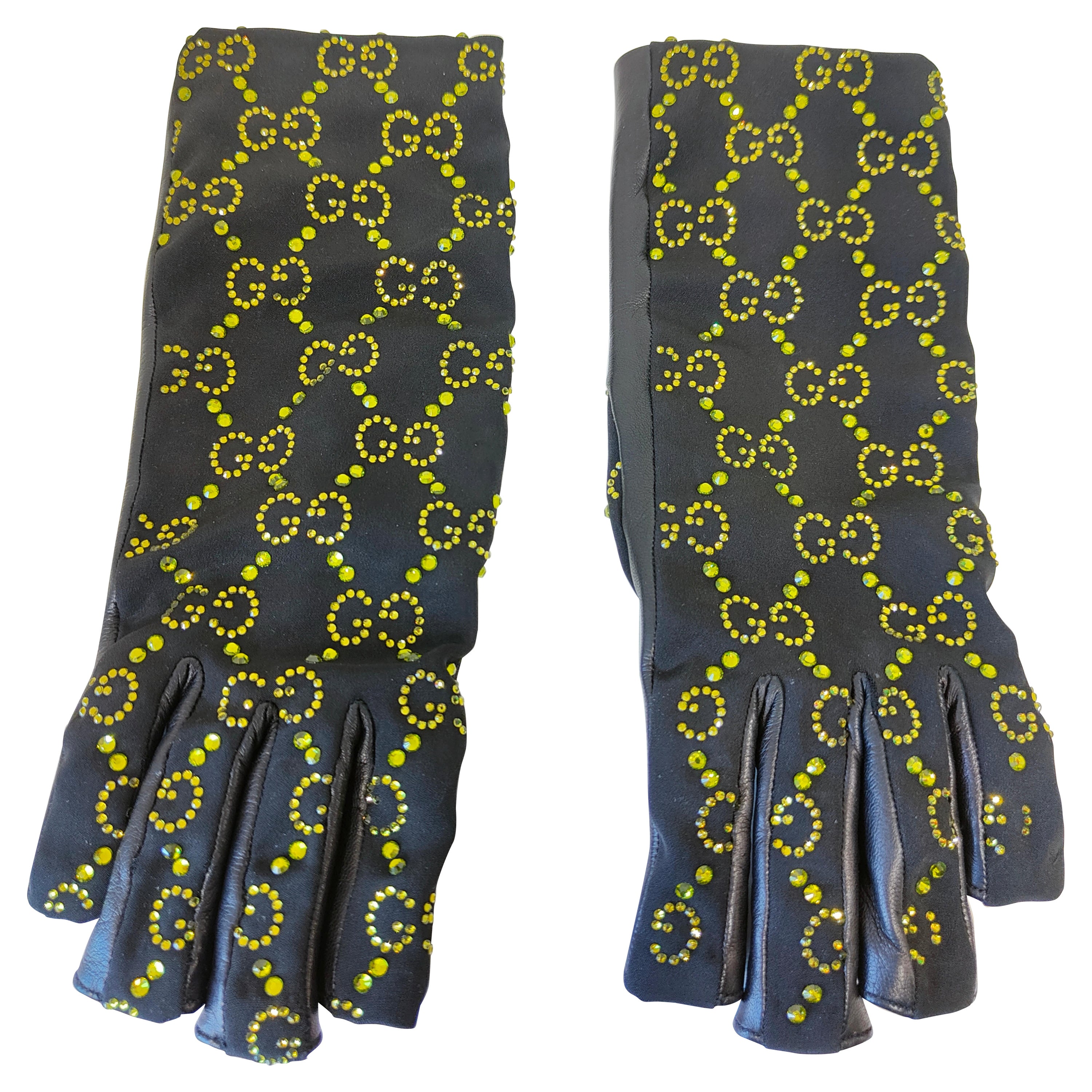 Gucci for Billie Eilish limited edition black leather green Swarovski gloves For Sale
